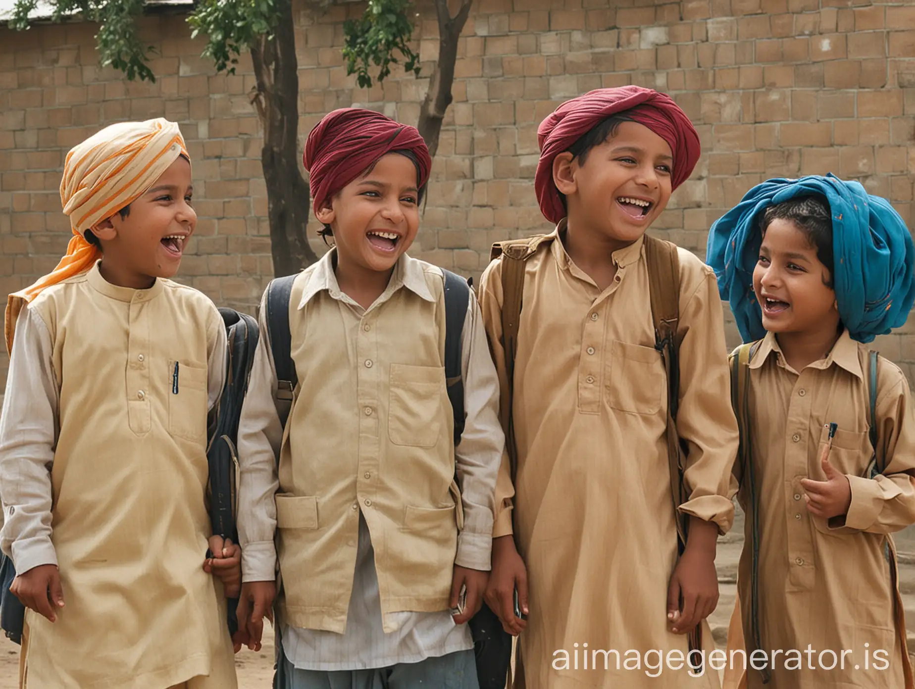 Punjabi children going to Punjabi school in Punjab, laughing and chatting