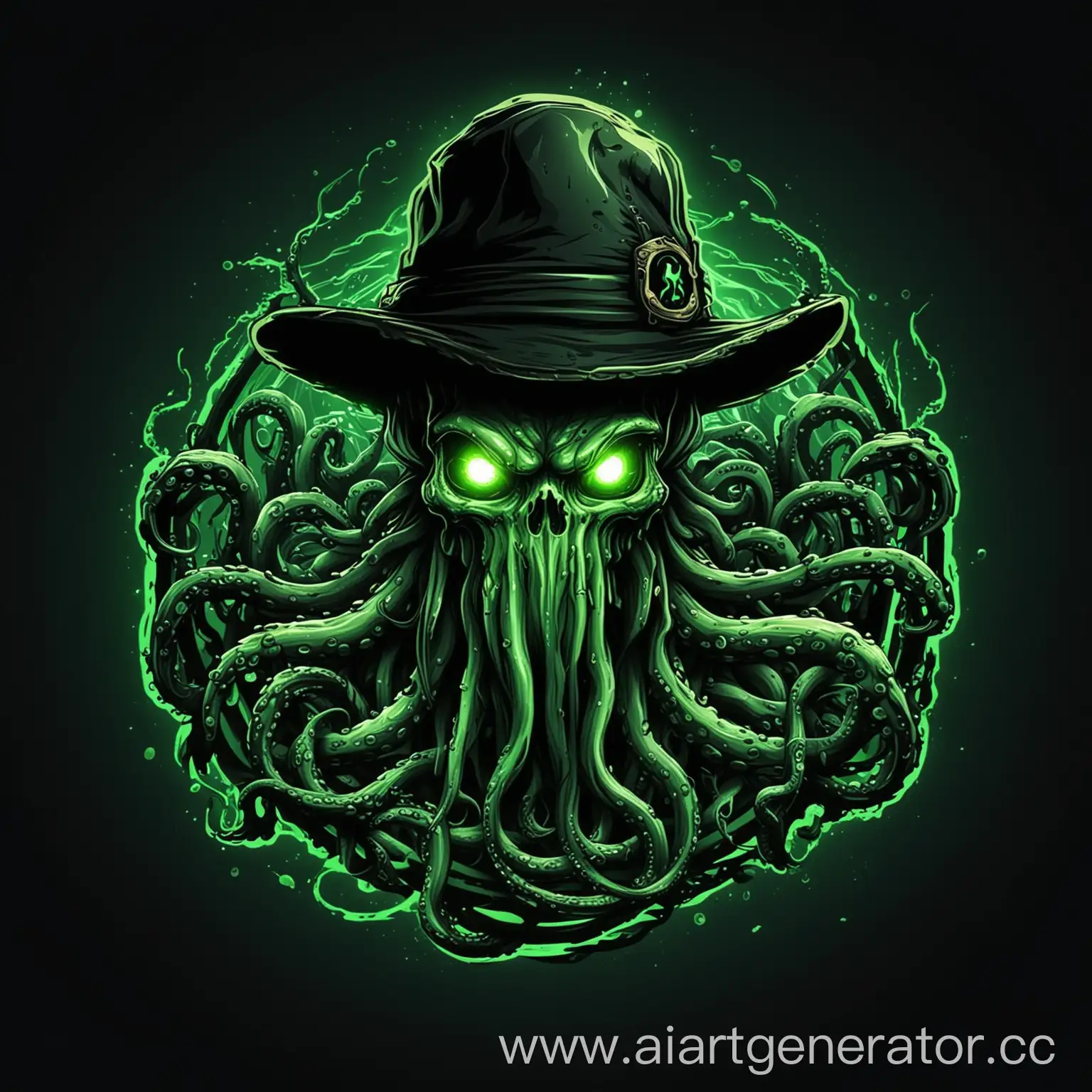 логотип, векторная графика, ультра качество, скверна, киберспорт, чёрный цвет, зелёный цвет, зелёное свечение, кракен череп кракена, в шляпе, без слов и букв