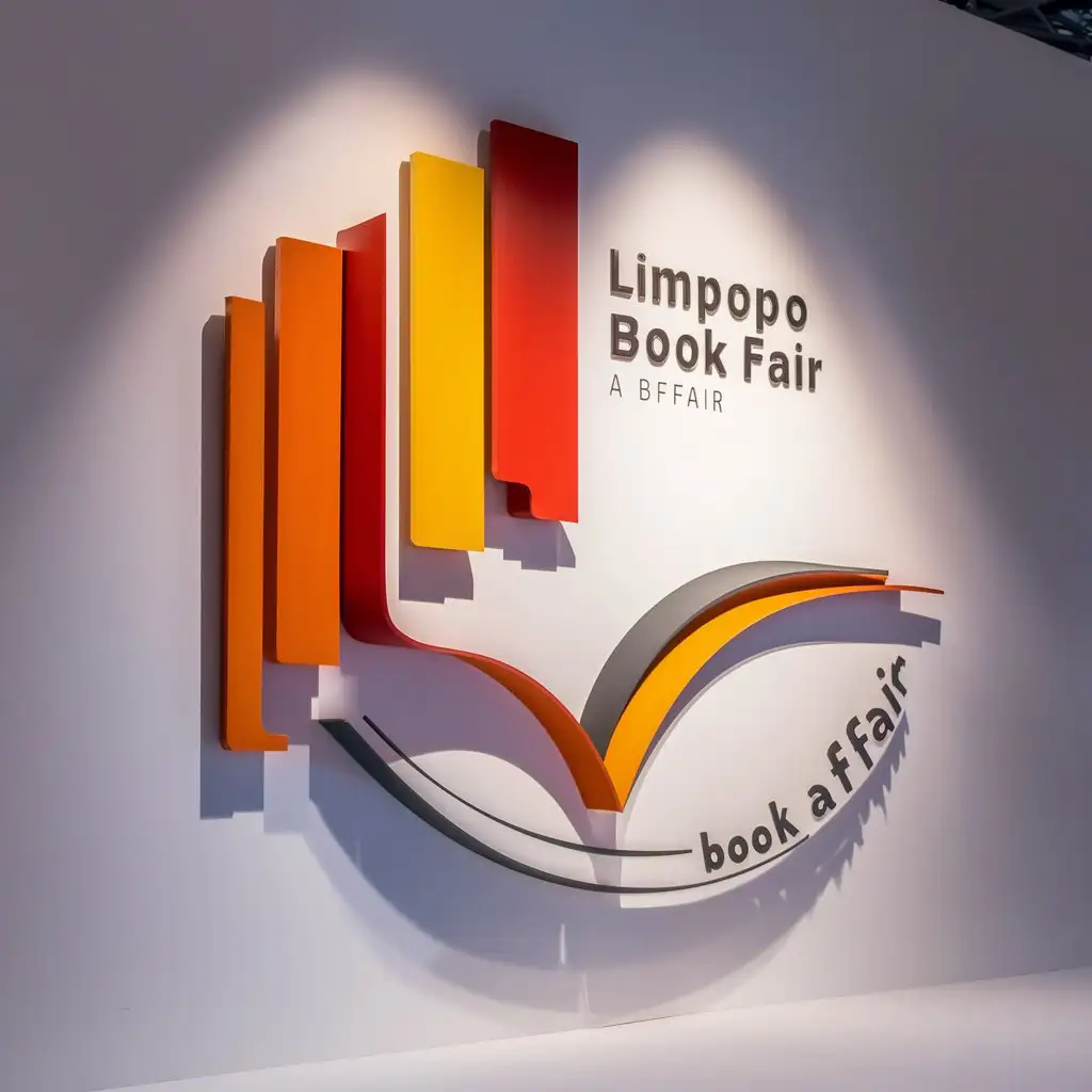 logo for 'Limpopo Book Fair' with 'A Book Affair' tagline, geometric shape aside, shapes creatively arranged, orange, red, yellow, and grey, white background