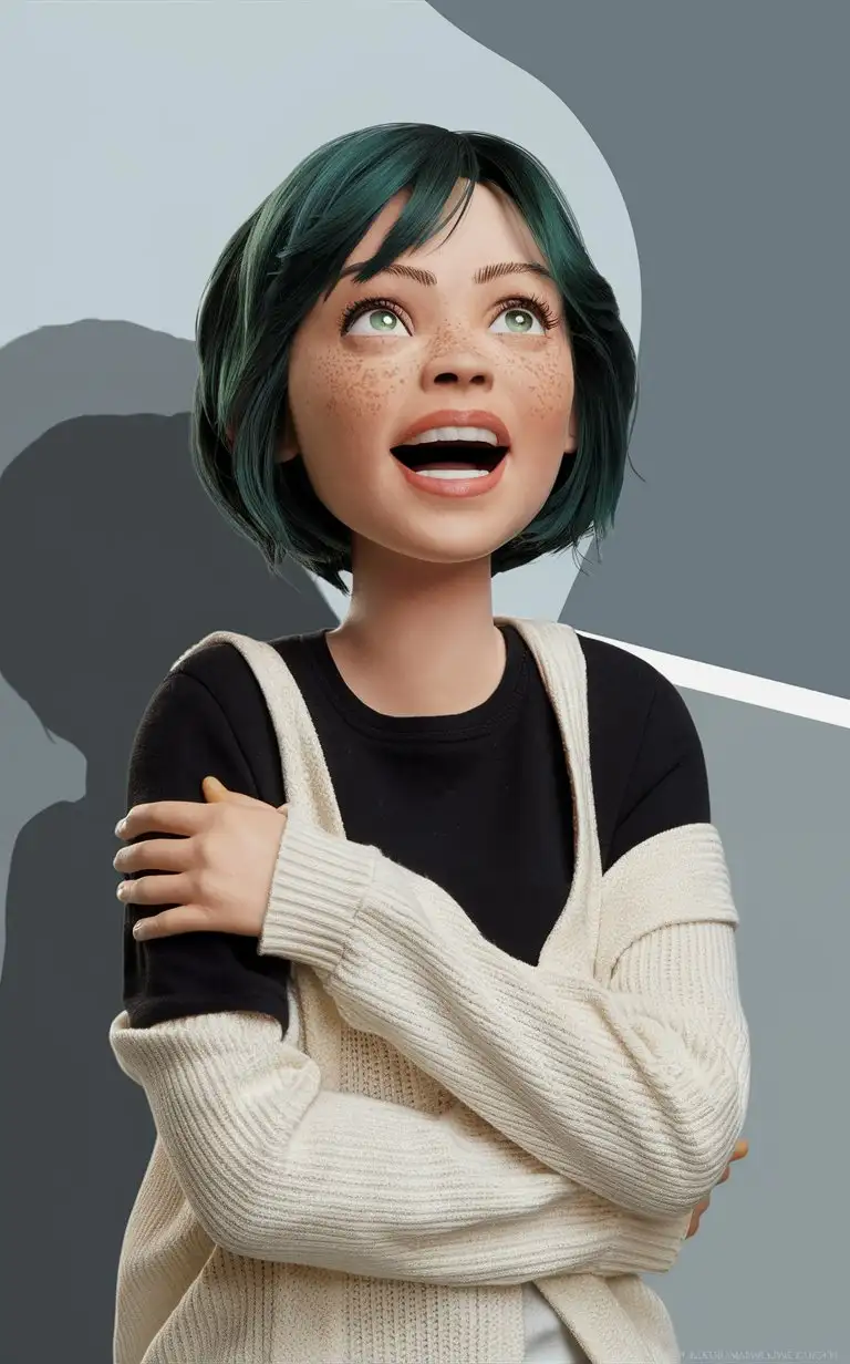 (Clay model, clay material:1.5),(Clay texture, clay texture texture:1.4),(in the style of clay animation, stop motion animation:1.4),solo, realistic, emma stone, simple background, looking up, green hair, freckles, sweater, upper body, grey background, short hair, white sweater, teeth, black eyes, open mouth, shirt, white shirt, parted lips, messy hair, long sleeves, Clay style