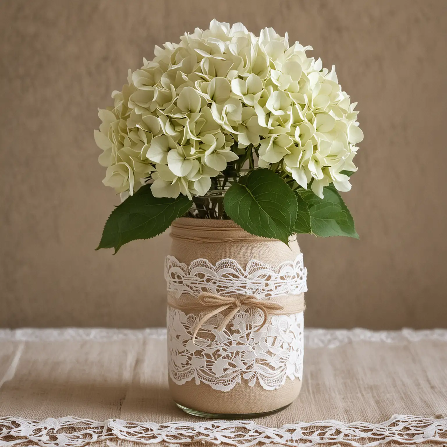 a rustic wedding centerpiece with a jar covered in solid ivory linen fabric and accented with white lace and holding a hydrangea stem