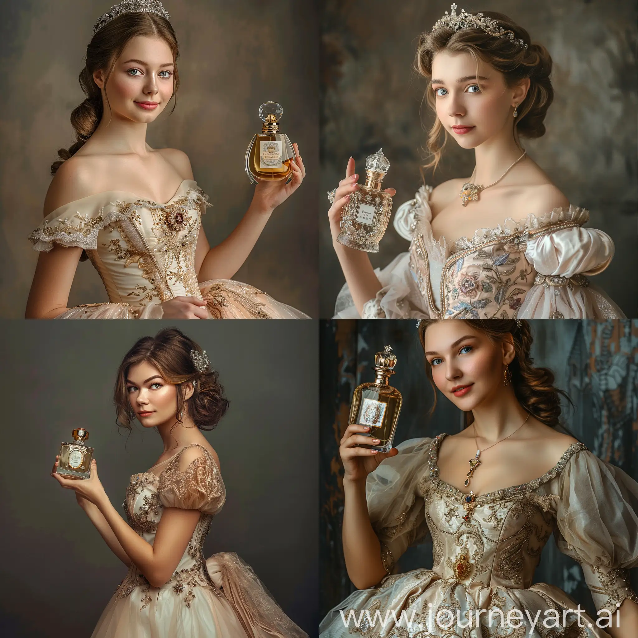 (Real photo of a very beautiful 30-year-old woman wearing a princess dress, beautiful eyes, delicate face, advertising photo pose with a bottle of perfume in her hand, princess and royal theme, attention to the image on the bottle of perfume, (very attractive woman and beautiful), beautiful and professional pose, studio photo suitable for poster advertising