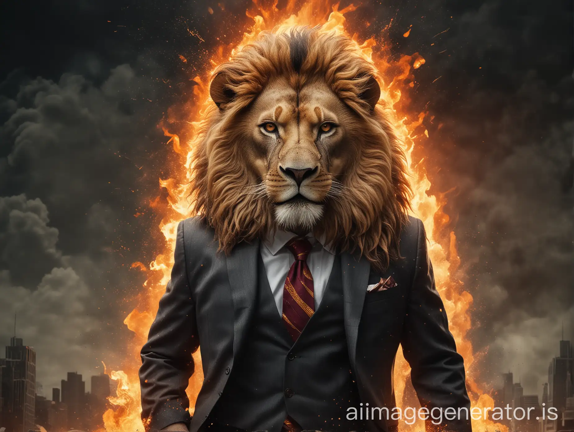 Create a dynamic and inspiring image of a lion with a human body, dressed in a smart business suit with a tie. The lion is rising majestically from the ashes, with flames and embers around the base. The lion's body should be emitting a powerful light and energy, symbolizing transformation, rebirth, and success. The overall mood should convey confidence, triumph, and resilience. The background can be abstract but should complement the theme of rising, transformation, and empowerment. The lion should have a look of determination and accomplishment on its face, akin to a successful businessman.