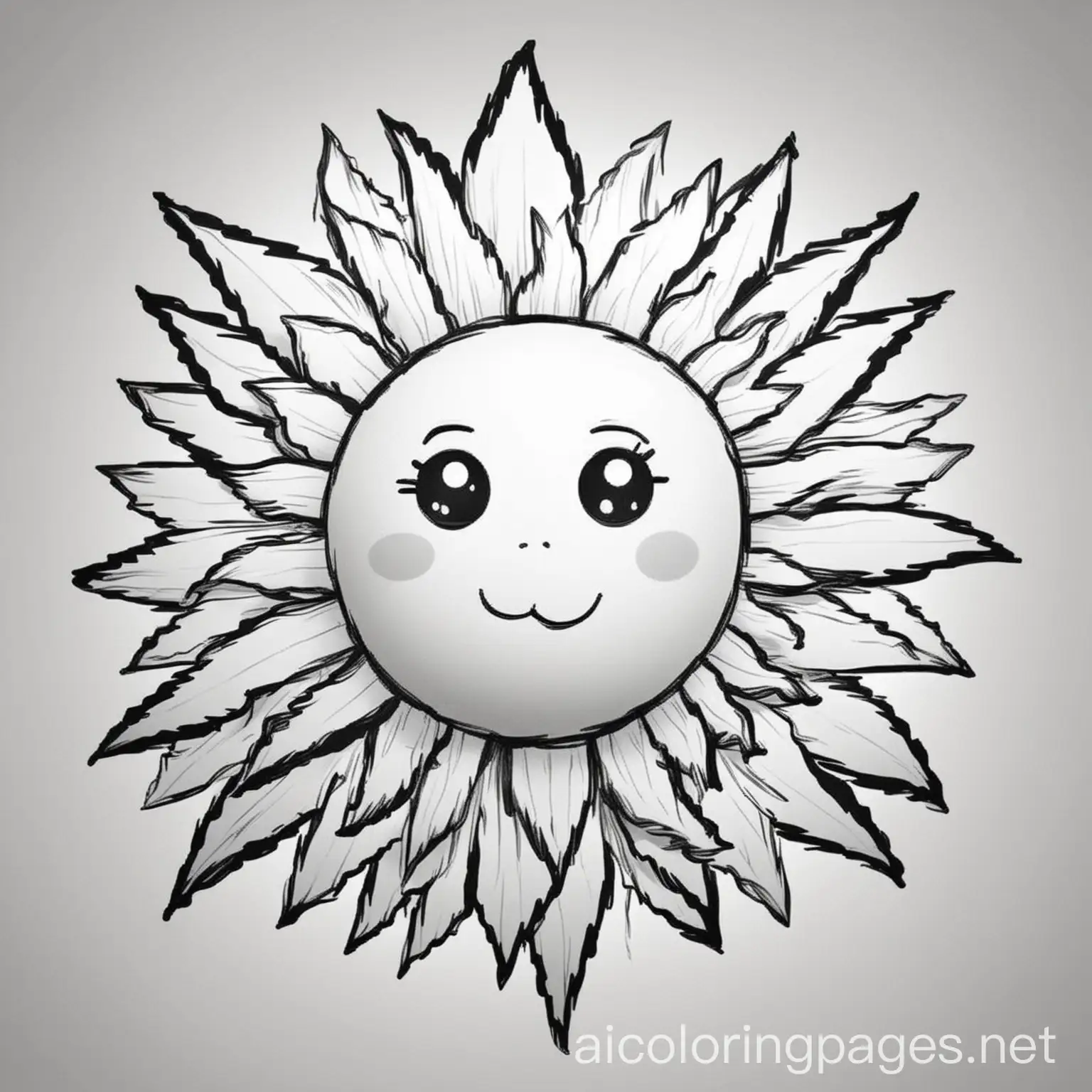 Cartoon sun  black and white lines white background, Coloring Page, black and white, line art, white background, Simplicity, Ample White Space. The background of the coloring page is plain white to make it easy for young children to color within the lines. The outlines of all the subjects are easy to distinguish, making it simple for kids to color without too much difficulty