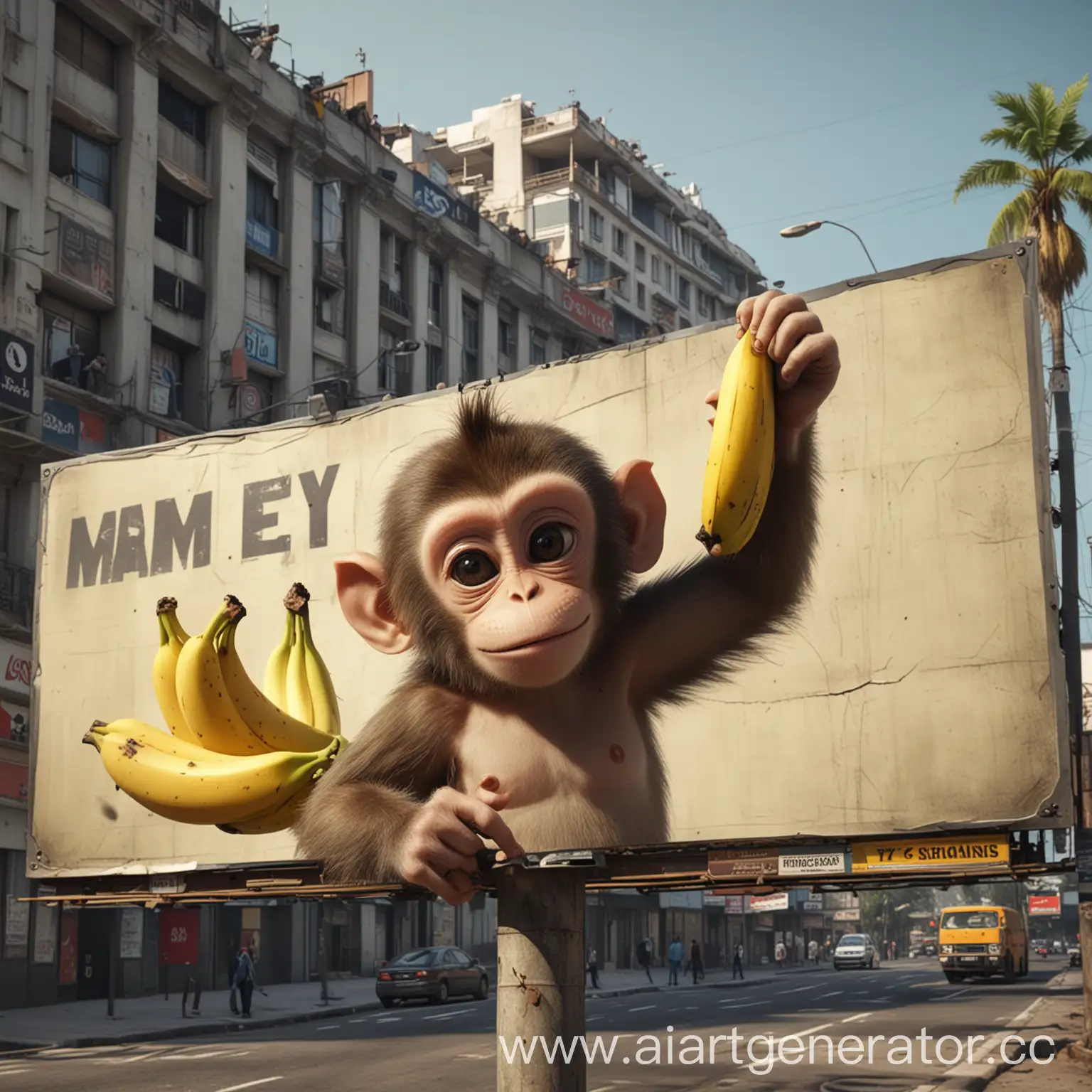 the monkey leans out from the billboard on which it is printed, holds a 3D banana in one hand, as if offering it, and sticks it out beyond the border of the billboard. The photo was taken from below, there were no cars or people around. Looks like a promotional shot for a TV show. The photography is high resolution, high definition, and ultra-realistic in the style of advertising photography. 3d --style raw