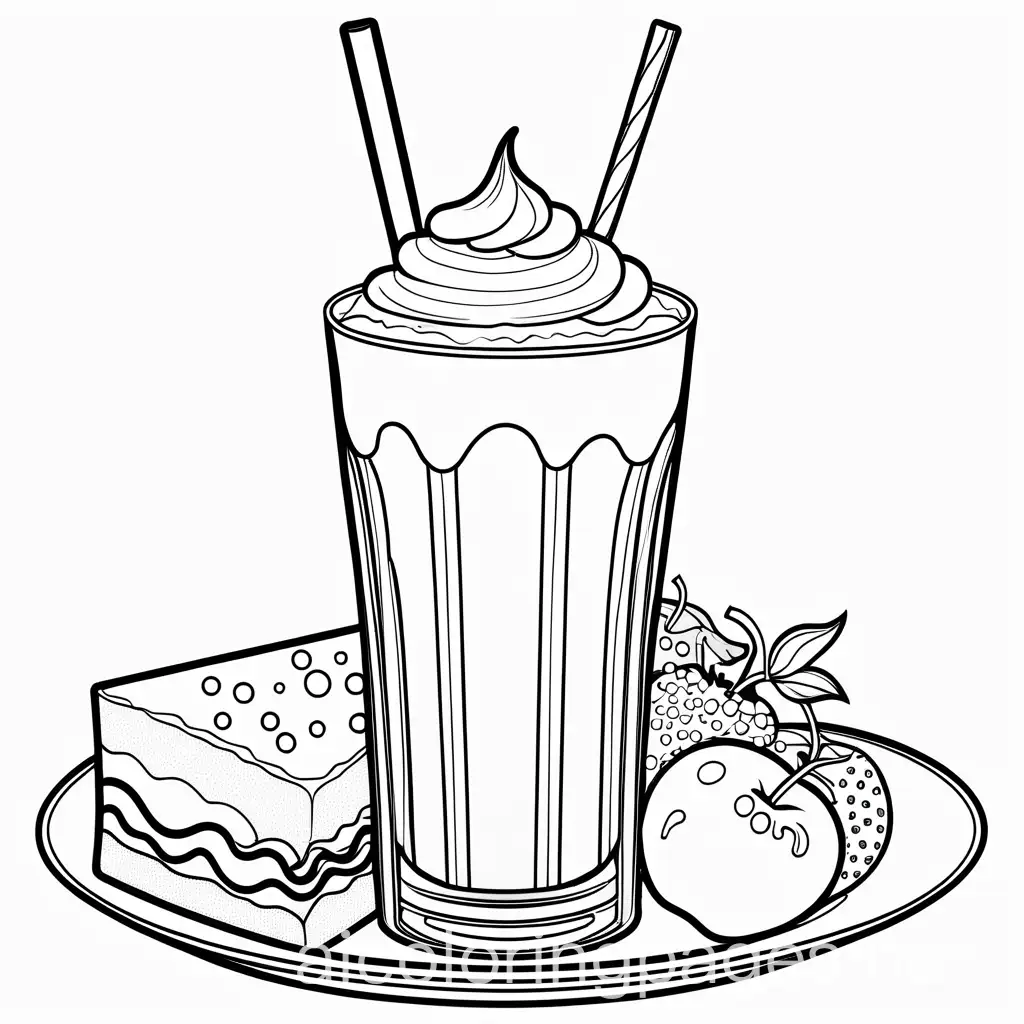 create a coloring page of milk shake dinner , Coloring Page, black and white, line art, white background, Simplicity, Ample White Space. The background of the coloring page is plain white to make it easy for young children to color within the lines. The outlines of all the subjects are easy to distinguish, making it simple for kids to color without too much difficulty