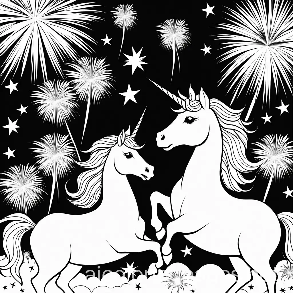 Unicorns-Surrounded-by-Fireworks-Coloring-Page-in-Black-and-White-Line-Art