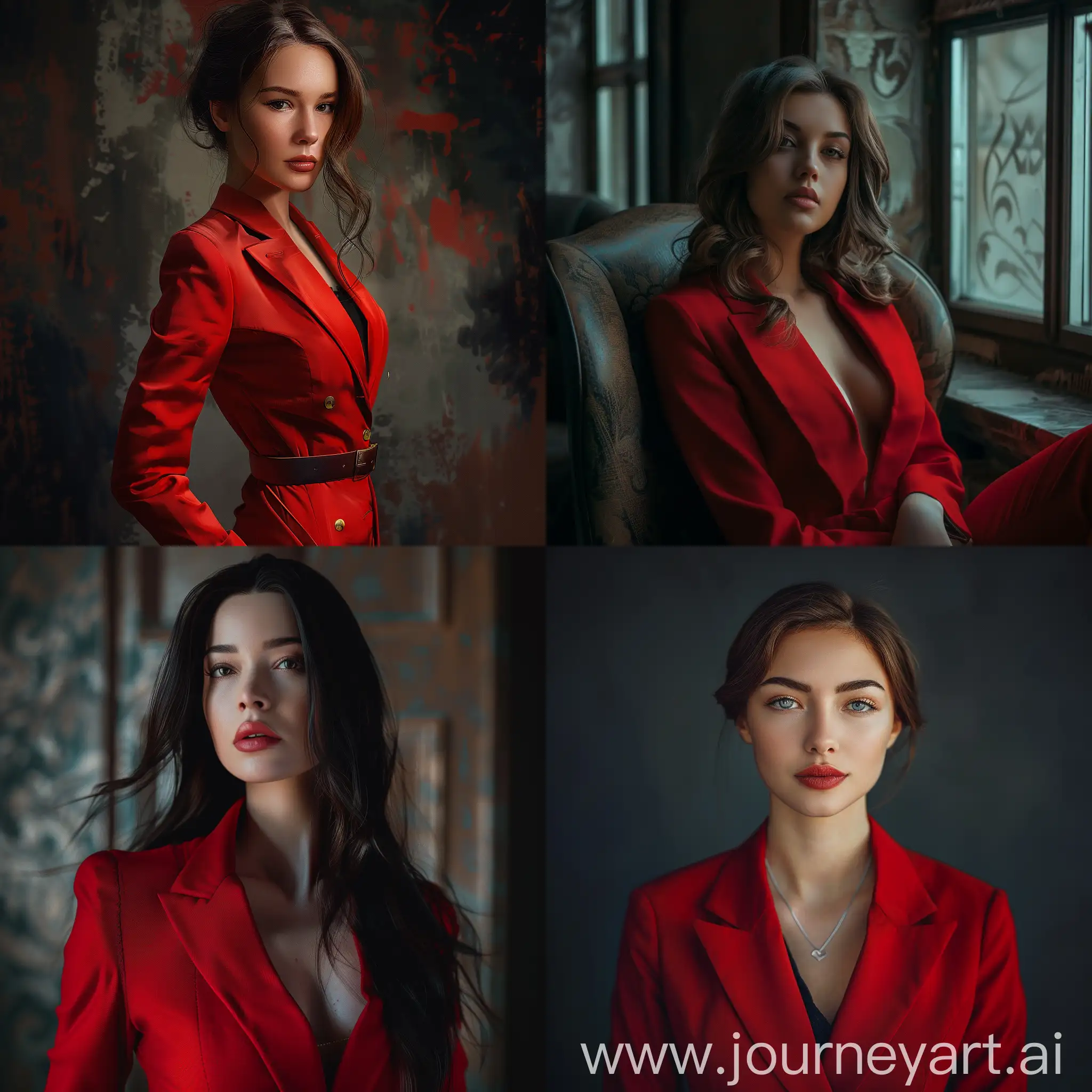 A portrait realistic woman in red suit, cinematic 8k