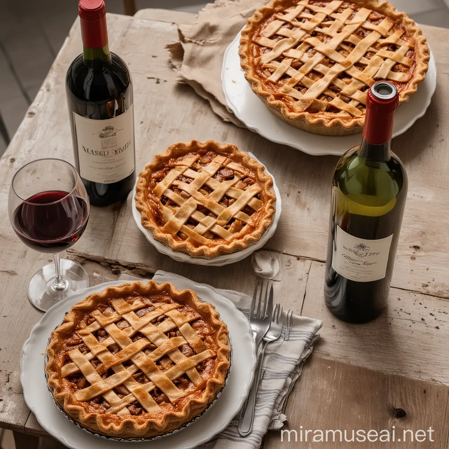 a pie on a table also a bottle and a glass of wine