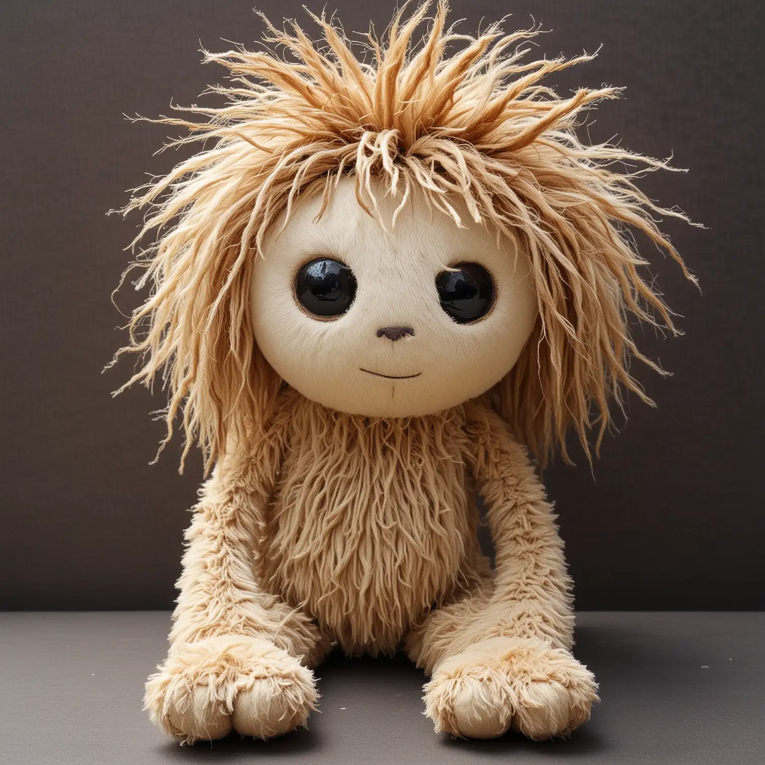 create a soft plush toy , it is a odd looking creature that lives in a dump  . It will have messy long shaggy hair all over its body and face  , , cute but ugly . skinny arms and legs , big head ,big body 