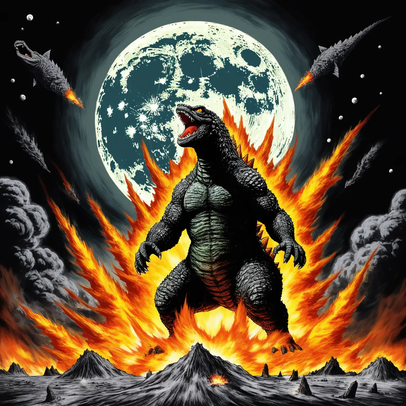 Godzilla with nuclear fire coming out of his mouth on the moon