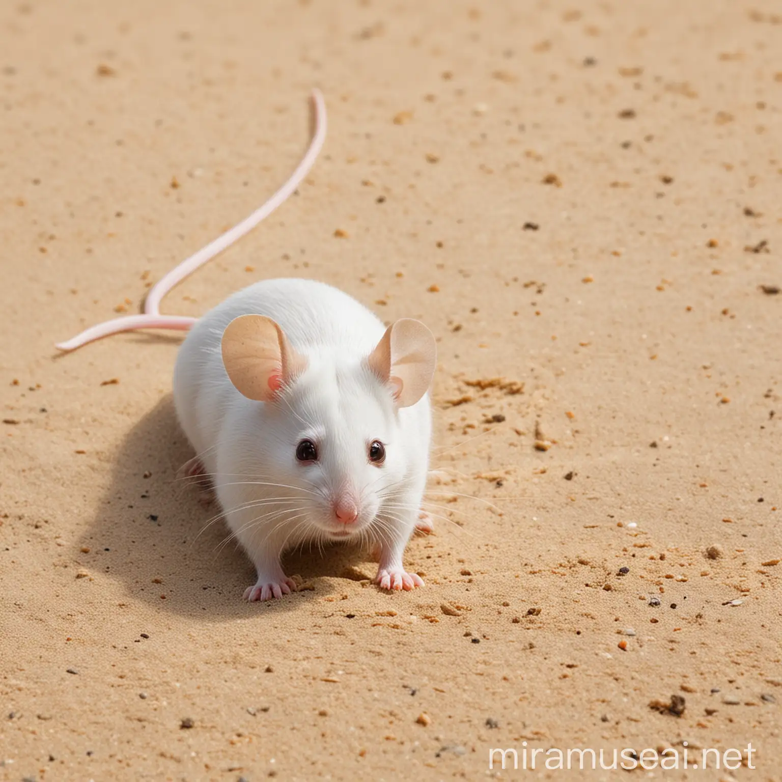 Energetic White Mouse with Single Tail Scampering on Sandy Surface