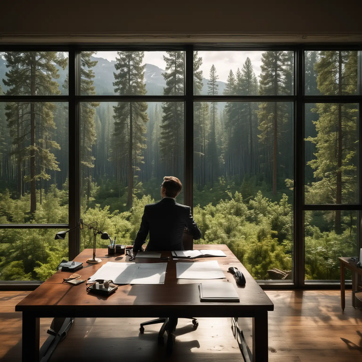 一个物理学家穿着西装在书房，坐在办公桌子前看着桌前的窗外的风景，风景是森林
