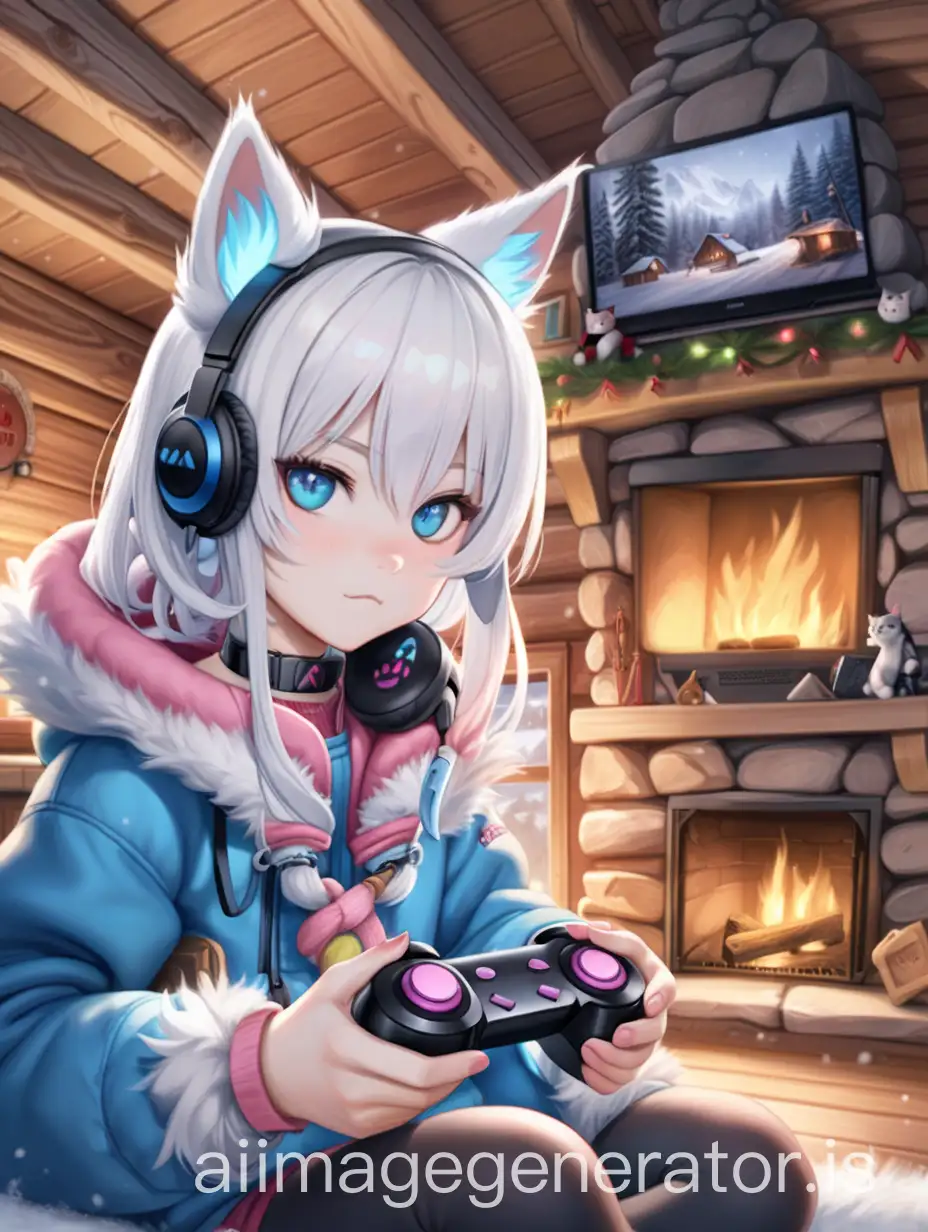 cat ear girl with white hair and one blue eye and one pink eye holding a a gaming controller next to a fire place in a log cabin while it's snowing outside