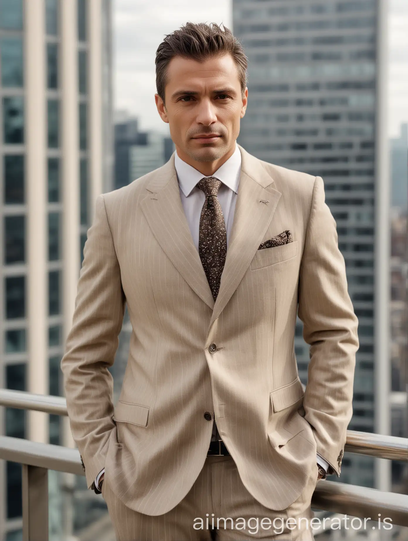 beautiful elegant Inordic businessman 44 years old wearing beige Armani suit with stripes Without tie perfectly business style office standing contemporary balcony room situated London skyscraper top floor like big boss grey eyes very short hair