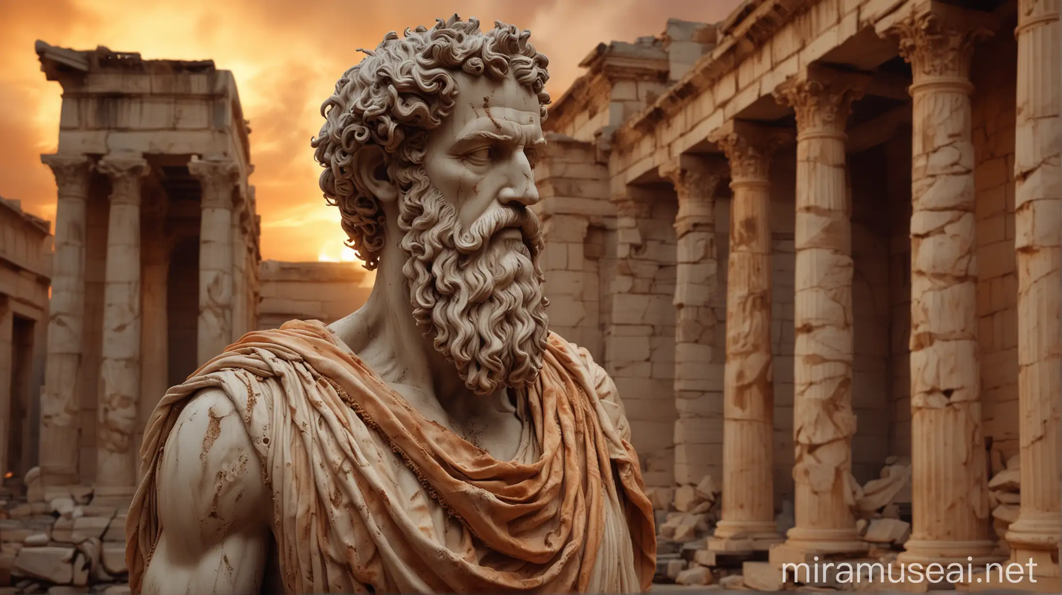 A highly realistic ancient Greek marble statue of a stoic philosopher, muscular shredded body draped in toga, intricate curly beard and furrowed contemplative brow. Dramatic flickering torchlight and swirling smoke atmosphere amidst crumbling architectural ruins. Haunting burnt orange sky, ethereal and timeless scene embodying stoic virtues of wisdom and perseverance against life's impermanence
