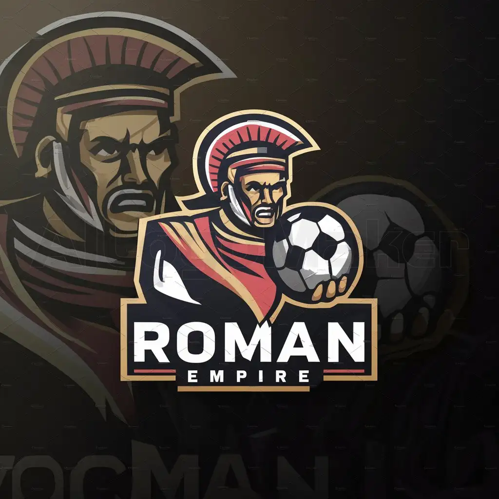 a logo design,with the text "Roman Empire", main symbol:A roman Warrior with soccer,complex,be used in Sport industry,clear background