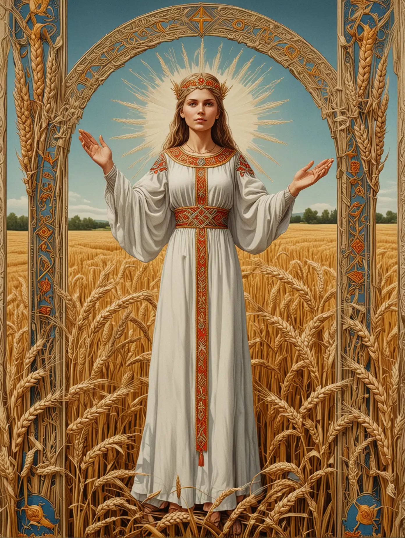 Славянский стиль. Карта таро. Симметрия. Женщина в поле пшеницы с поднятыми руками. Орнамент по краям.