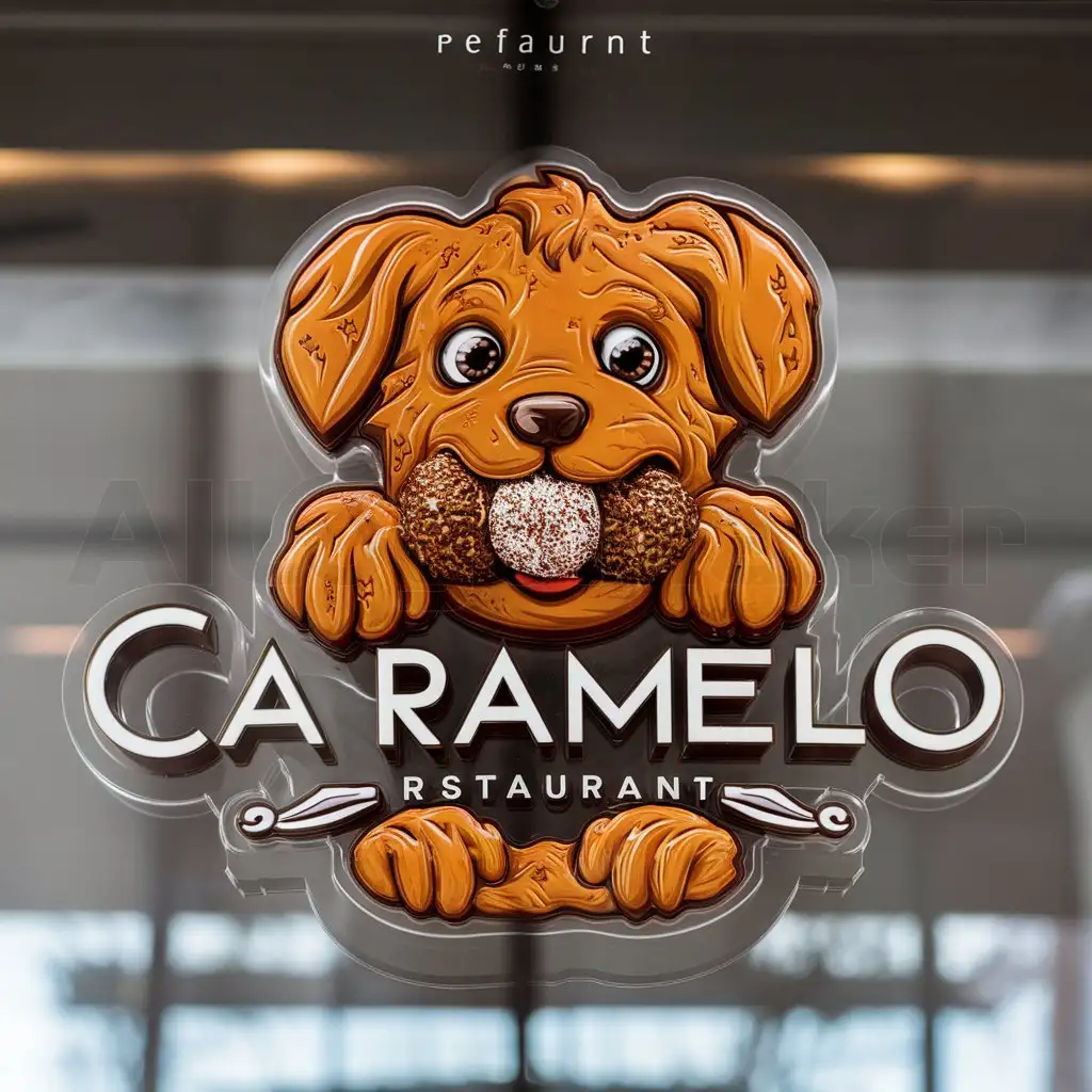 a logo design,with the text "Caramelo", main symbol:puppy caramel holding a brigadeiro,complex,be used in Restaurant industry,clear background