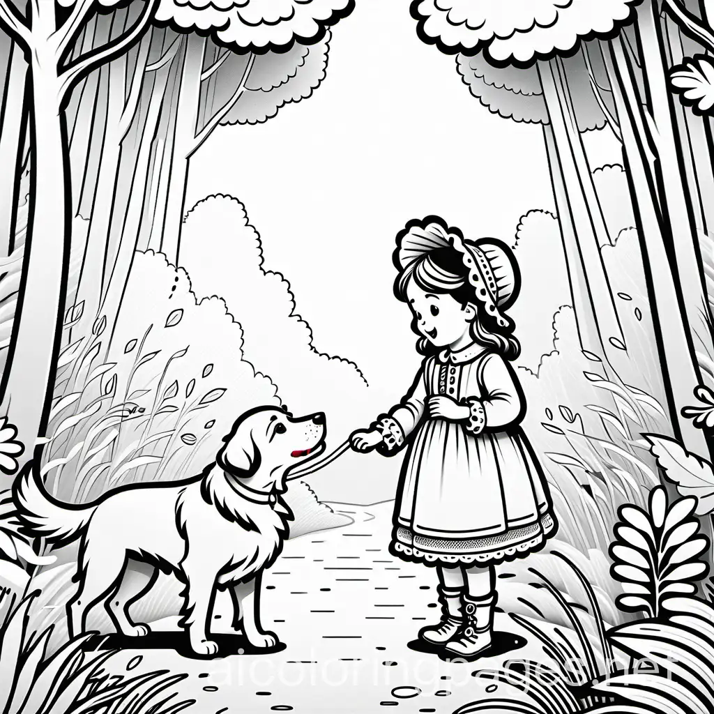 a little girl wearing old fashioned traditional clothes like an old frilly bonnet and playing with a cute dog in a beautiful forest, Coloring Page, black and white, line art, white background, Simplicity, Ample White Space. The background of the coloring page is plain white to make it easy for young children to color within the lines. The outlines of all the subjects are easy to distinguish, making it simple for kids to color without too much difficulty