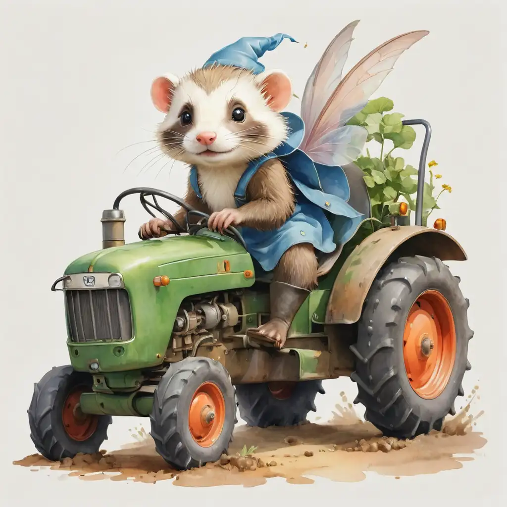 realistická ilustrace, akvarel ilustrace, pohádkové kouzelný tchoř řídí traktor, místo kol má nohy, bílé pozadí
