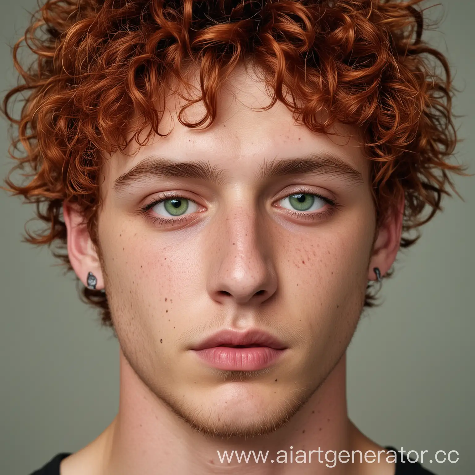 молодой парень, 20 лет, с рыжими кудрявыми волосами, зелёными глазами, веки нависшие, нос с маленькой горбинкой, губы пухлые, нарисованный
