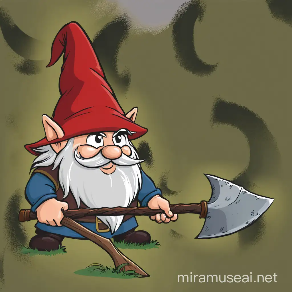 A gnome with a large red hat wielding a giant axe
