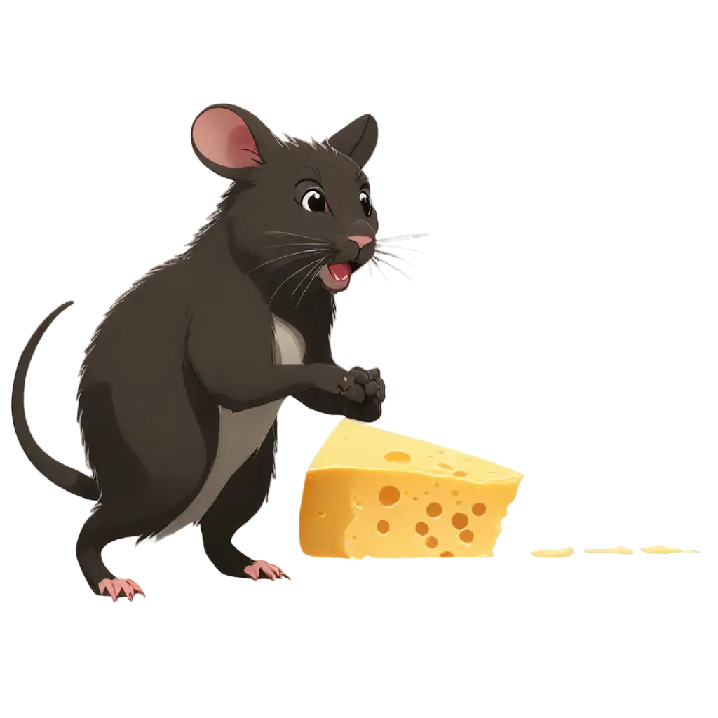 An animist style mouse carrying a piece of cheese to its lair and a cat chasing