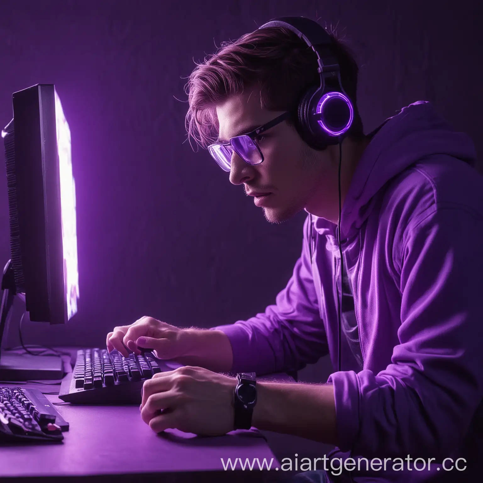 Group-of-Friends-Playing-Video-Games-in-Vibrant-Neon-Purple-Ambiance