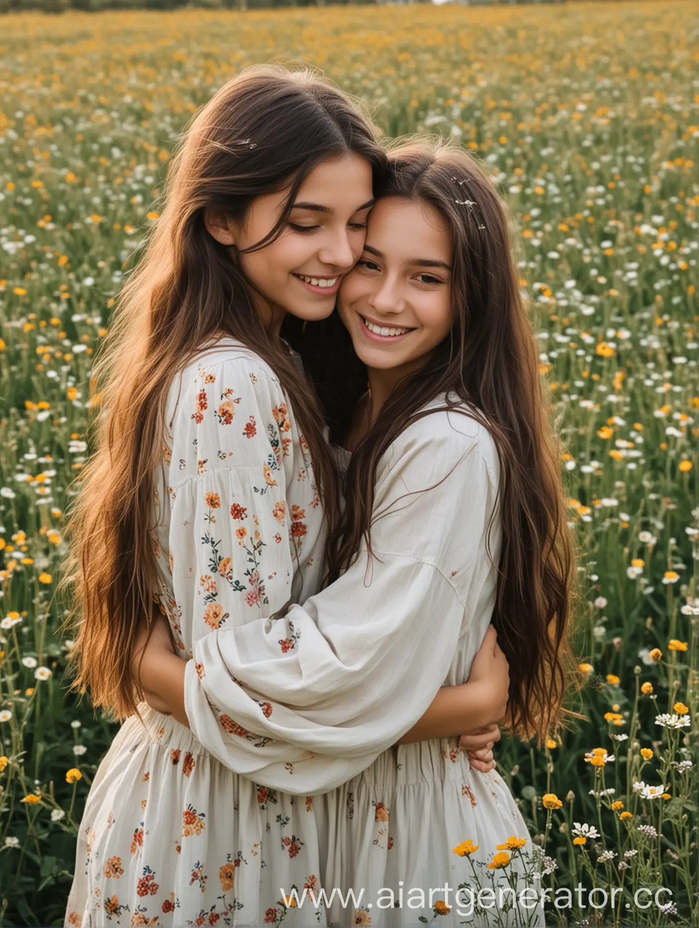 Sisters-Embracing-in-Flower-Field-Joyful-Girls-with-Dark-and-Light-Hair