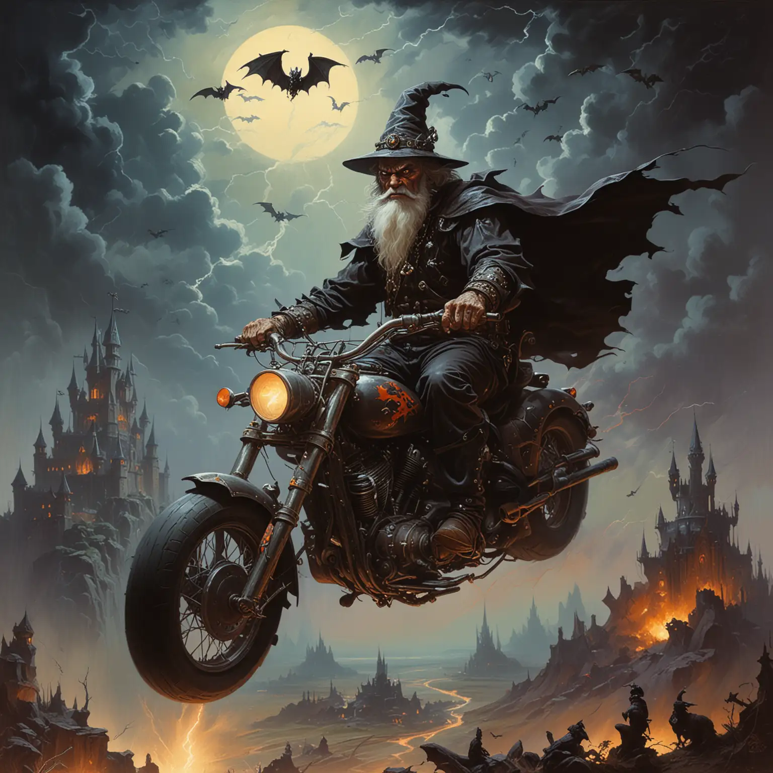 Sinister Wizard on Chopper Motorcycle with Castle Backdrop Retro Oil Painting