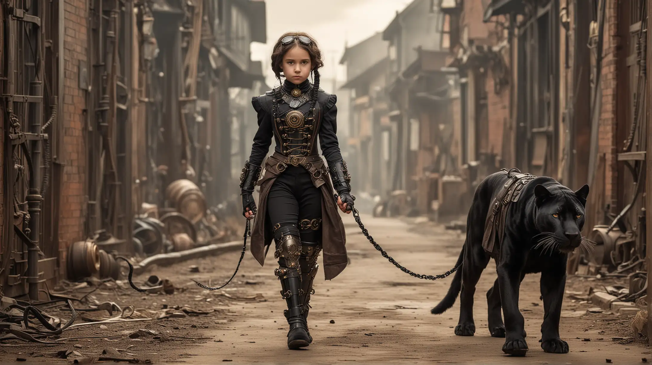 the eight-year-old steampunk girl walks with a leashed black panther in a steampunk collar