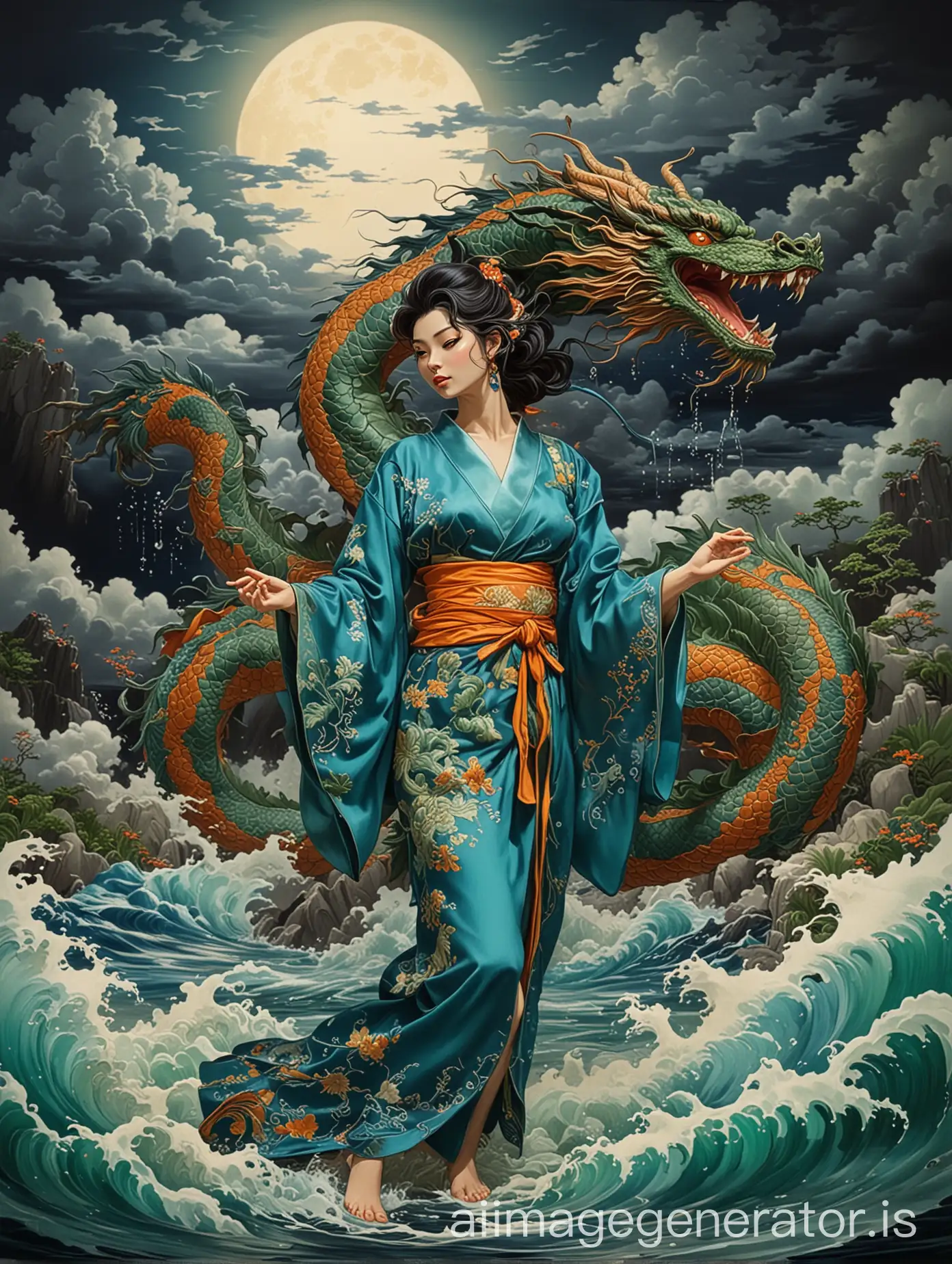 Ralph Bakshi heavy influenced style, woman graceful posing, in blue kimono with intricate  green and orange embroidery, facing a dragon, emerging from water, embracing a japanese style dragon with blue and green scales, fullmoon in the background, billowed stormy clouds