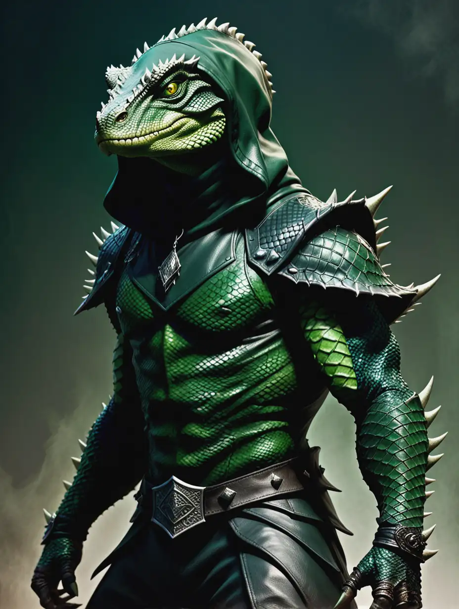 Fantasy lizardman, full body pose, dark green scales, black hood over his face, shadowed, malevolent, warlock, magic, leather armor, tough, frightening, realistic