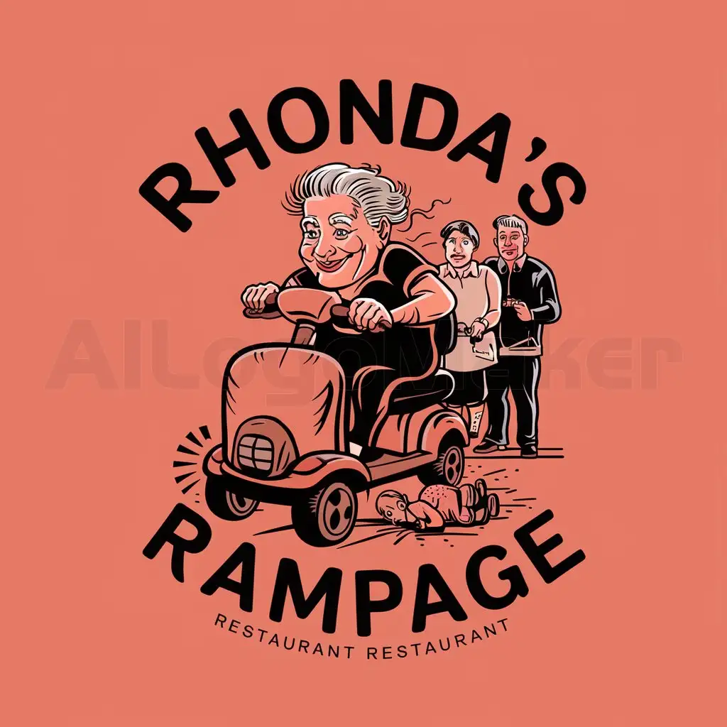 a logo design,with the text "Rhonda's Rampage", main symbol:an old women is on her mobility scooter with an evil look on her face. you can see a small child being squished by her mobility scooter as she laughs the parents of the small clid stand in the background in shock,Moderate,be used in Restaurant industry,clear background