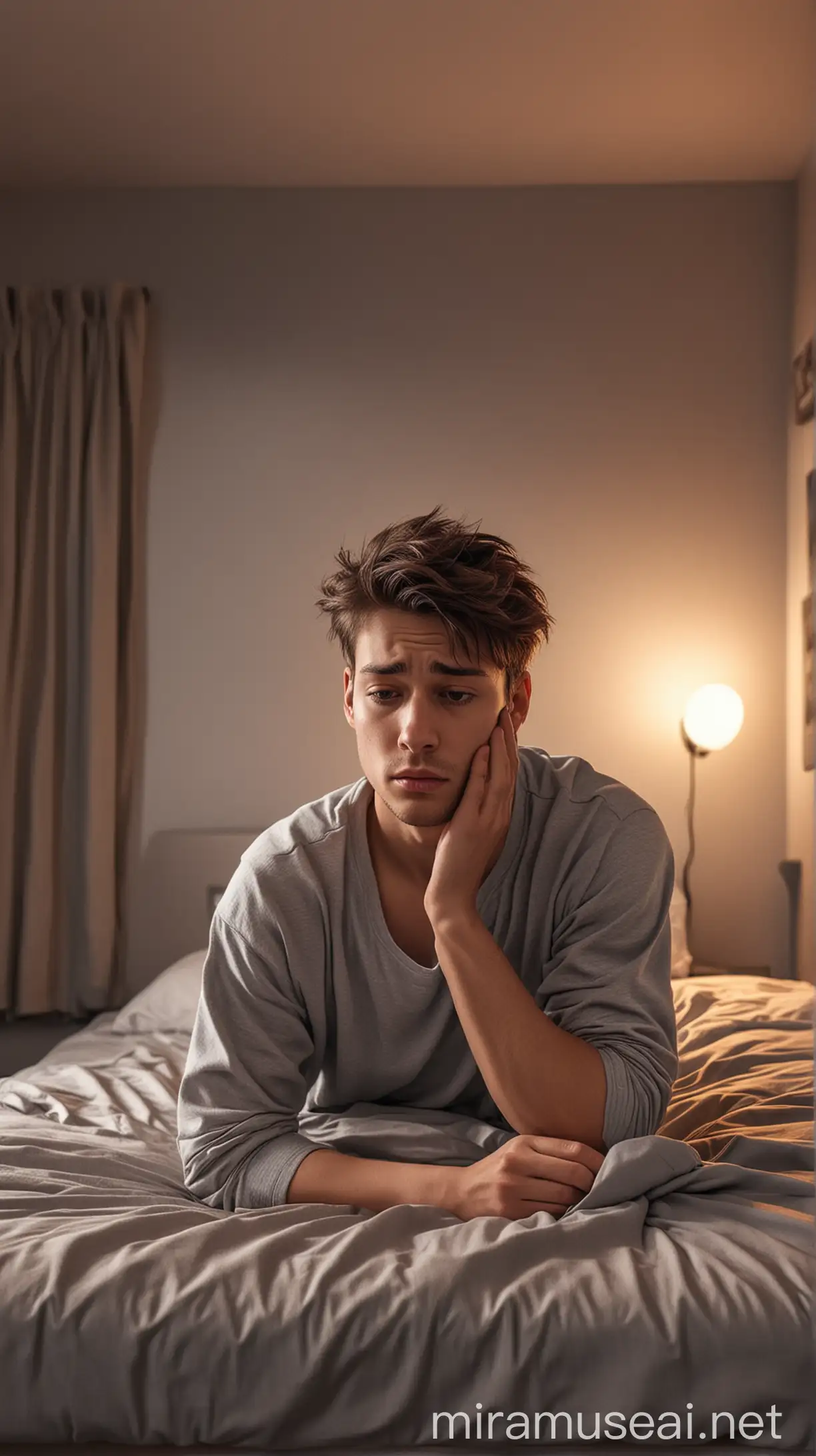 Create a 3d ultra high resolution image of a young male figure looking tired and stressed and exhausted
 in a bedroom with dynamic lighting, dynamic colors.
 Make it very detailed & realistic. Make the image in 9:16 format for TikTok vertical format media