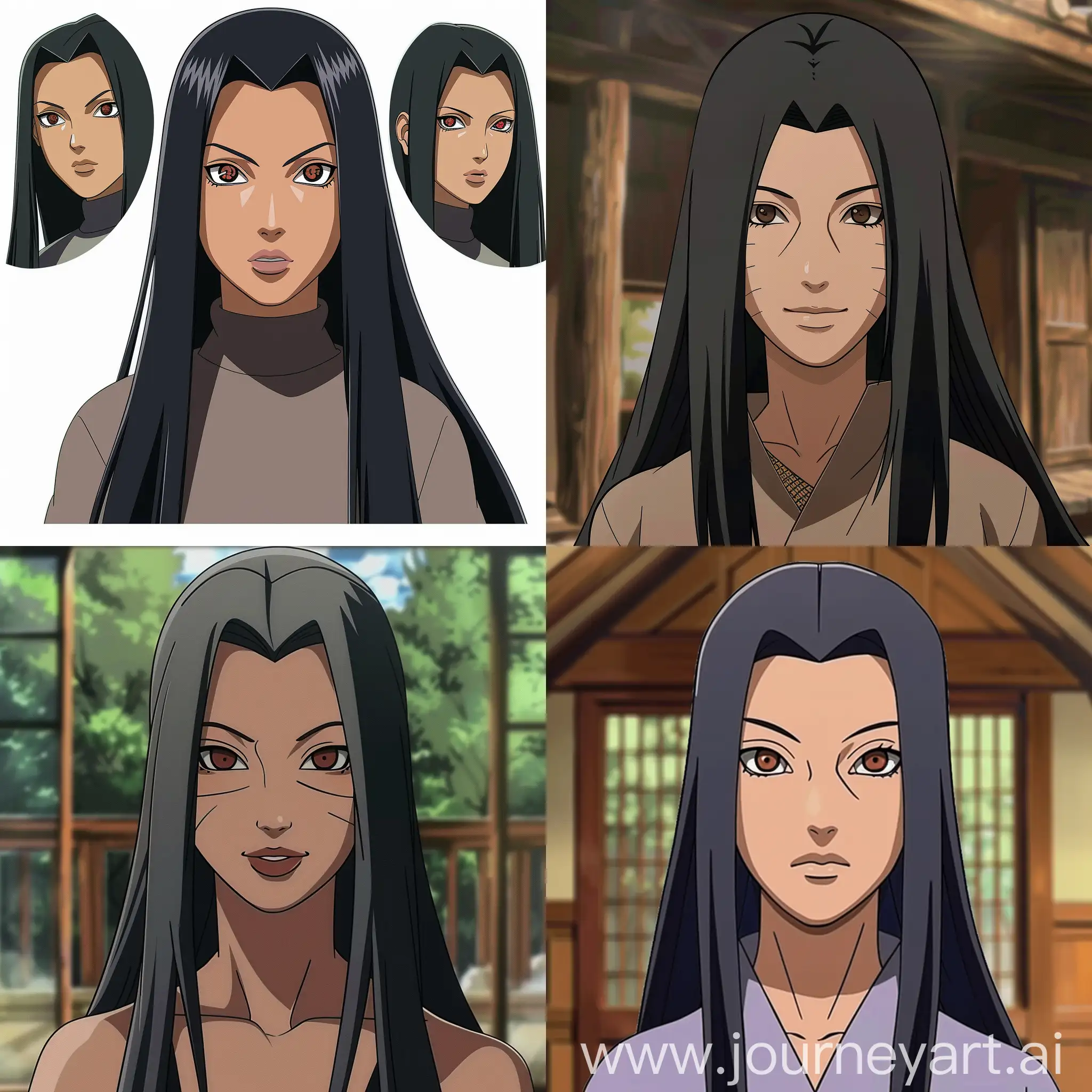 A female character from Naruto Shippuden in the Pierrot Studios animation.She must have long,black,straight hair,with a parting in the middle of her forehead.She must have smooth brown skin, 