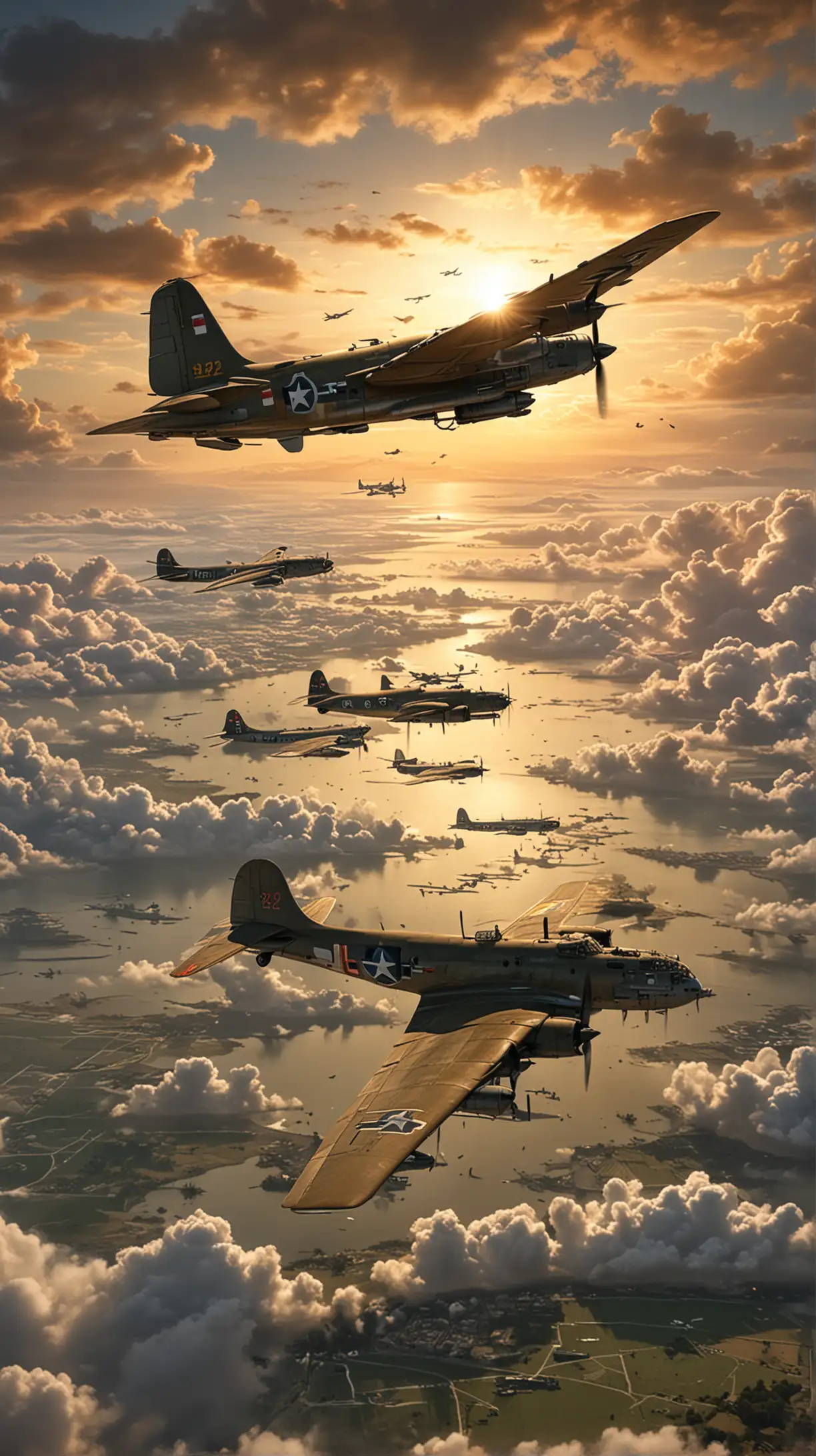 Generate a detailed illustration of American planes flying above Japan during World War II. The scene should depict a squadron of B-29 Superfortresses soaring over a Japanese landscape. The plane should be shown in mid-flight, with clouds and the distant Japanese terrain visible below. The time of day is early morning, with the sunrise casting a golden hue over the scene. Include a mix of historical accuracy and artistic elements to capture the intensity and atmosphere of the wartime setting.