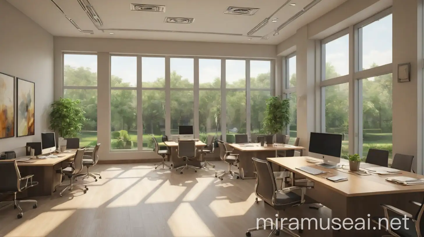 interior office design, 120 sq yards , big windows , outside garden view , 5 tables alligned , pcs 