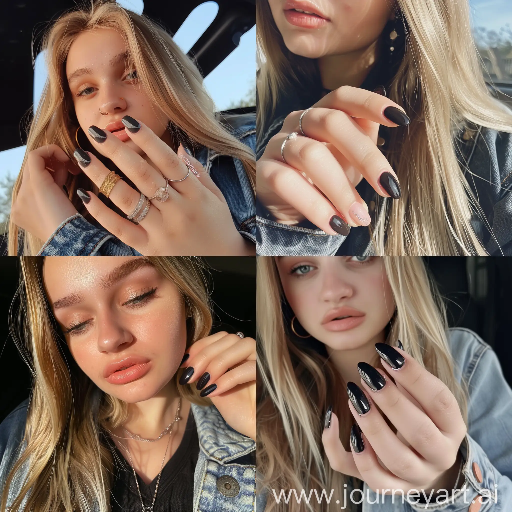 Aesthetic Instagram selfie of a girl, black gel nail polish