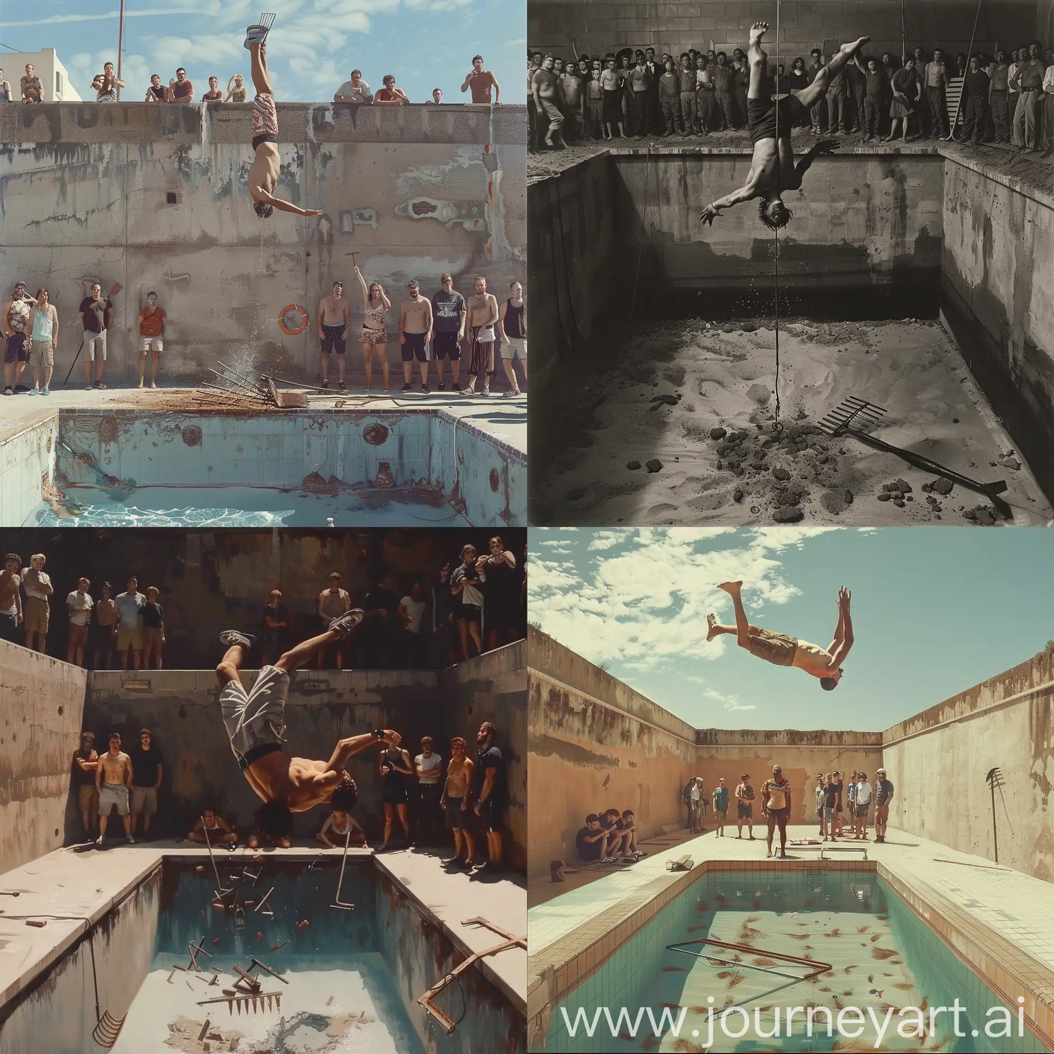 a man jumps upside down into a pool without water, a rake is scattered at the bottom of the pool, the public is watching this