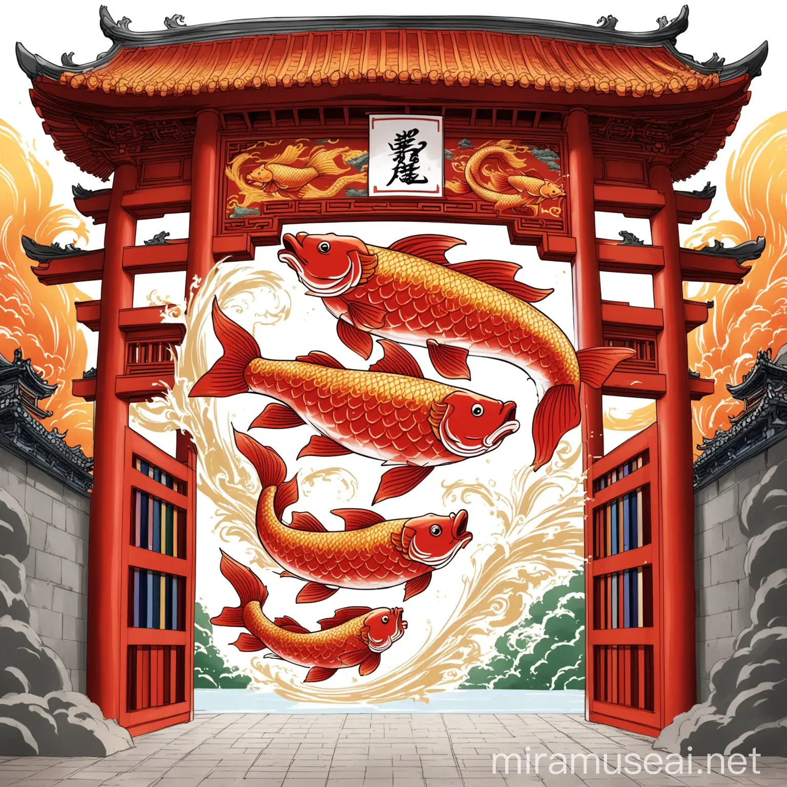 The image of carp leaping over the dragon gate, to bless students in their exams, with three colors in the image.