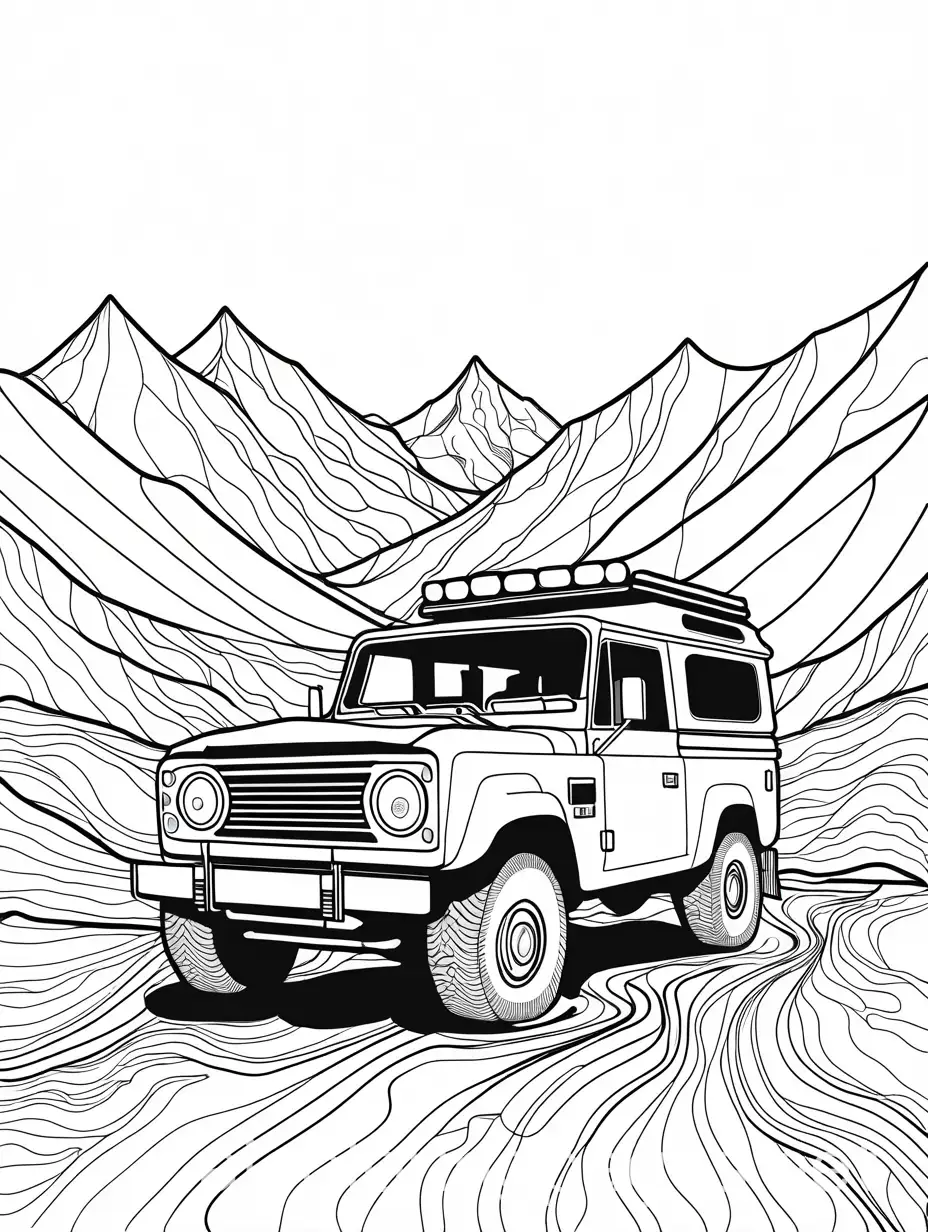 overlanding, toddler, thick lines,  mud, Coloring Page, black and white, line art, white background, Simplicity, Ample White Space. The background of the coloring page is plain white to make it easy for young children to color within the lines. The outlines of all the subjects are easy to distinguish, making it simple for kids to color without too much difficulty