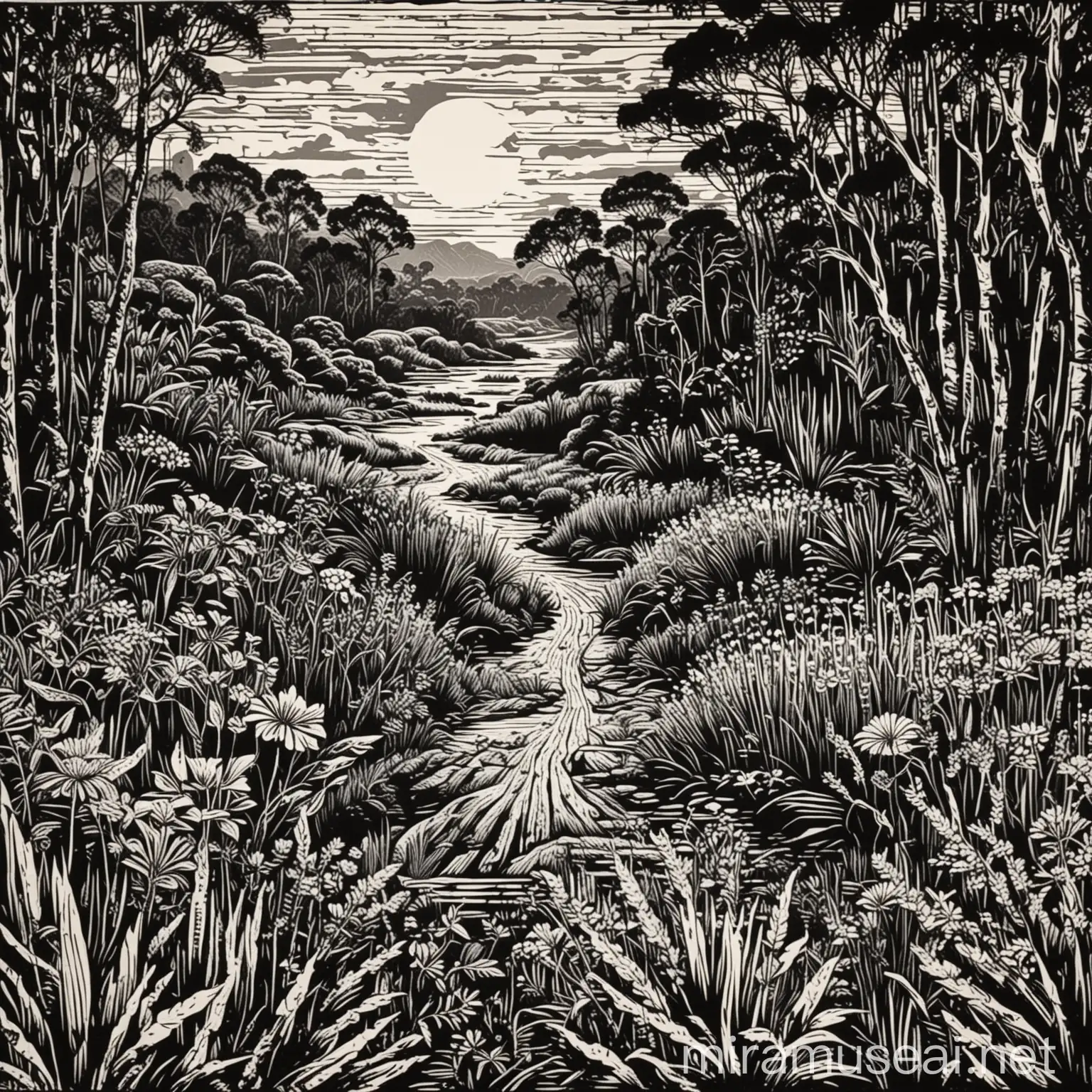 Australian Landscape Linocut Print with Hidden ManMade Features