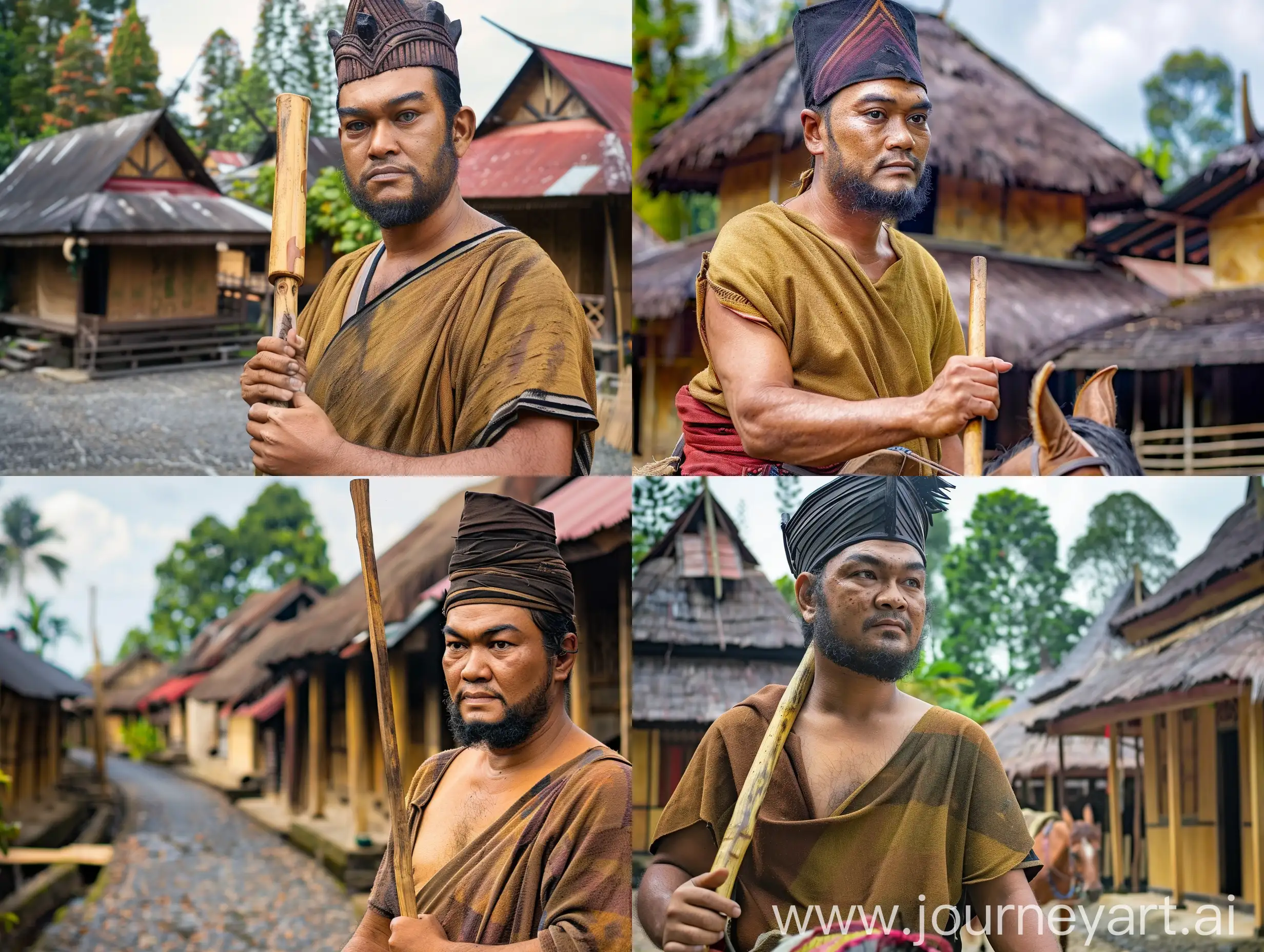 Sisingamangaraja, holding a wooden stick, rode around the village of traditional Batak houses
