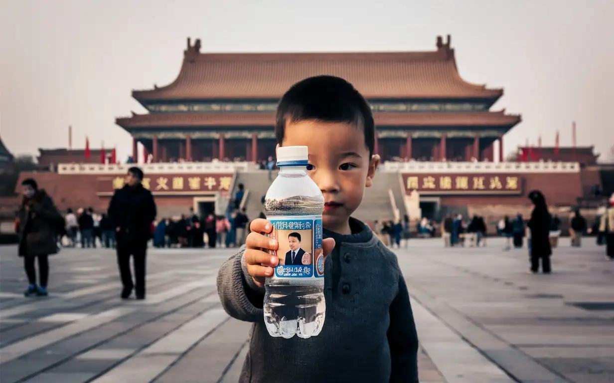 A boy, holding a mineral water bottle with the boy's picture printed on the bottle, with the Tiananmen Square behind him
