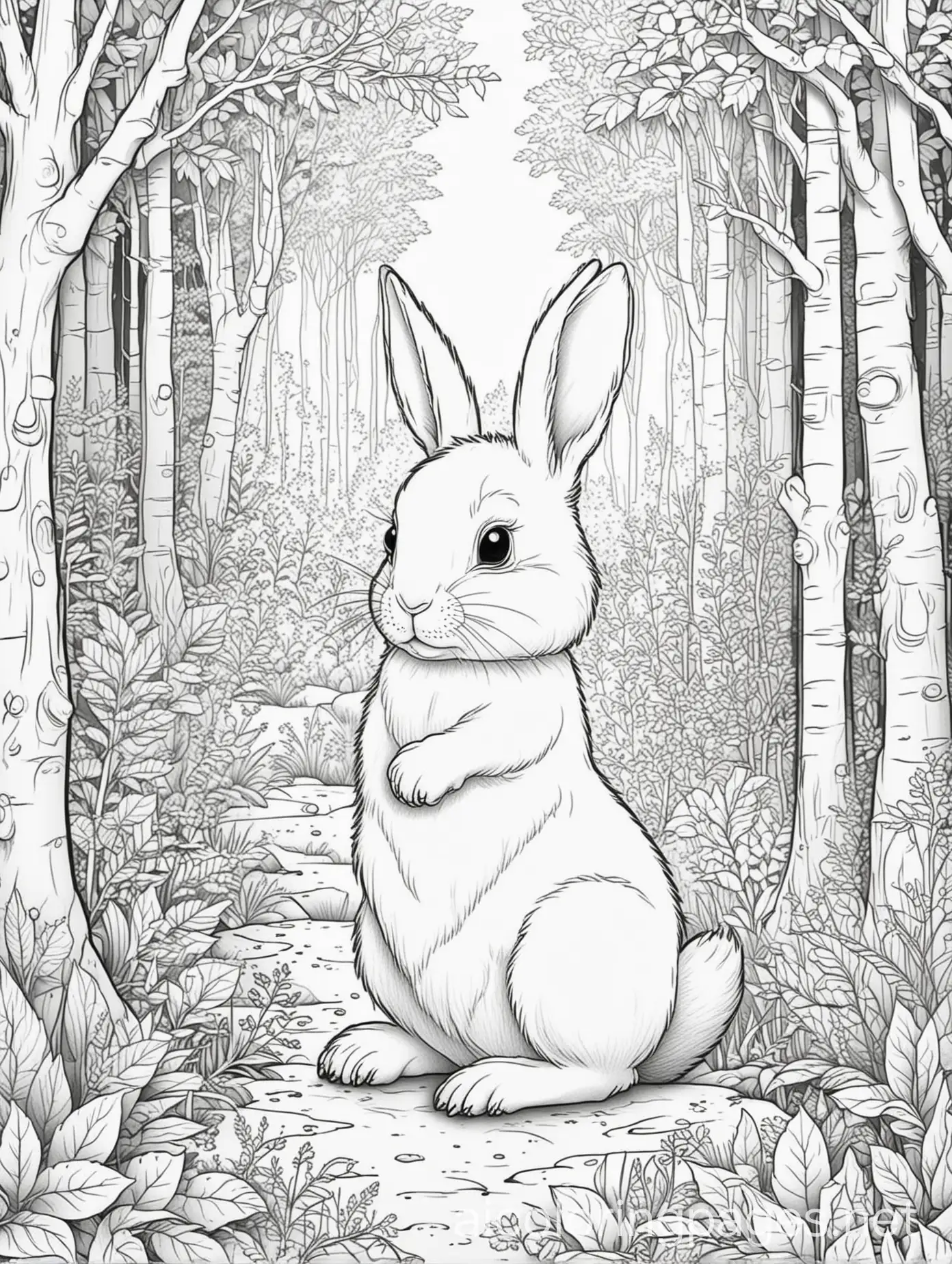 A rabbit in the forest, Coloring Page, black and white, line art, white background, Simplicity, Ample White Space. The background of the coloring page is plain white to make it easy for young children to color within the lines. The outlines of all the subjects are easy to distinguish, making it simple for kids to color without too much difficulty