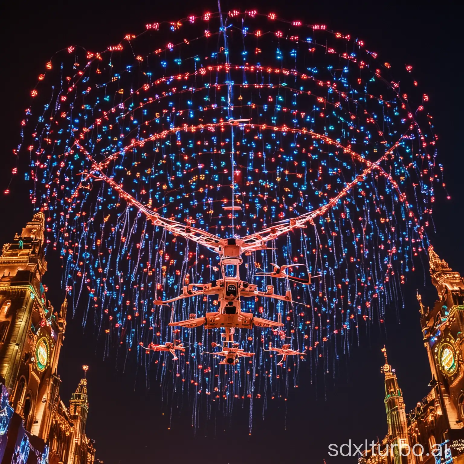 drones performing aerial acrobatics at the Tsingtao Beer Festival, colorful LED lights creating intricate patterns in the night sky, synchronized movements resembling a dance, audience below cheering and capturing the spectacle on their phones, upbeat and electrifying atmosphere, in a dynamic and futuristic style capturing the energy and excitement of the show. --ar 16:9 --v 5