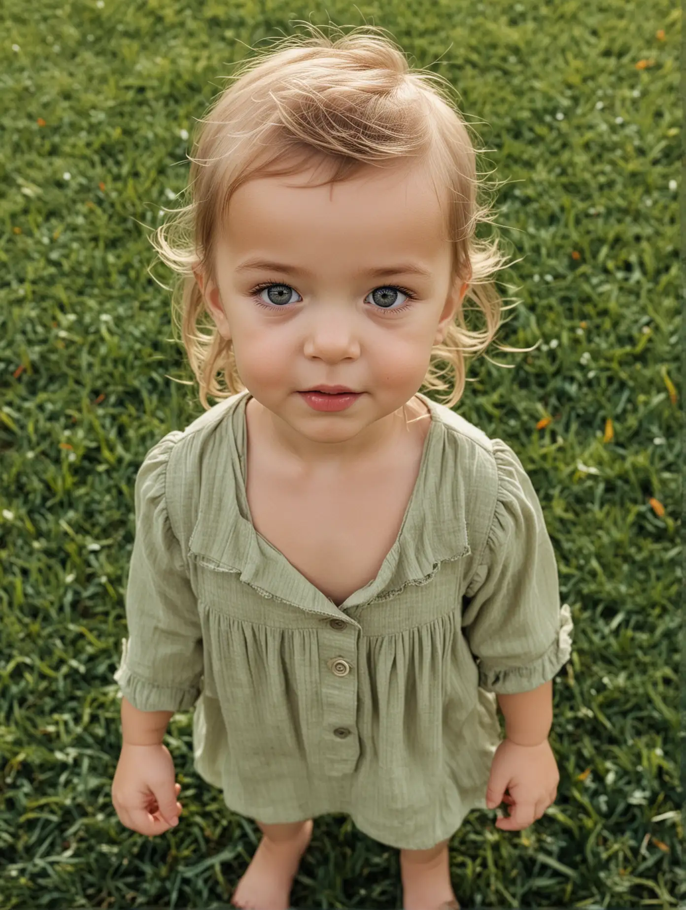 A walking baby, 4-6 years old, on the grass, facing the camera, with exquisite facial features and professional photography technology
