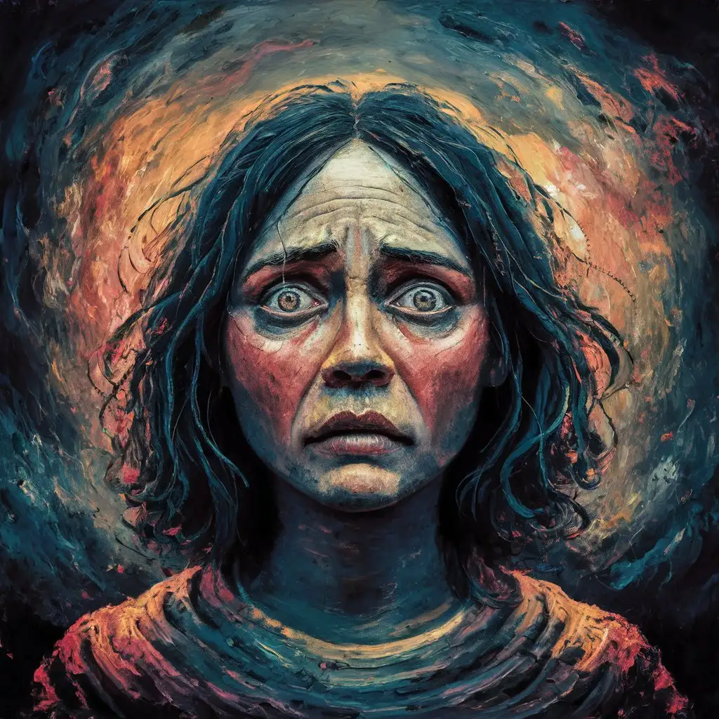 impressionist interpretation of a sad sad face with bold colors and distinct brushstrokes, vibrant, textured, atmospheric, woman with fear of  the unknown, in the style of expressionist art